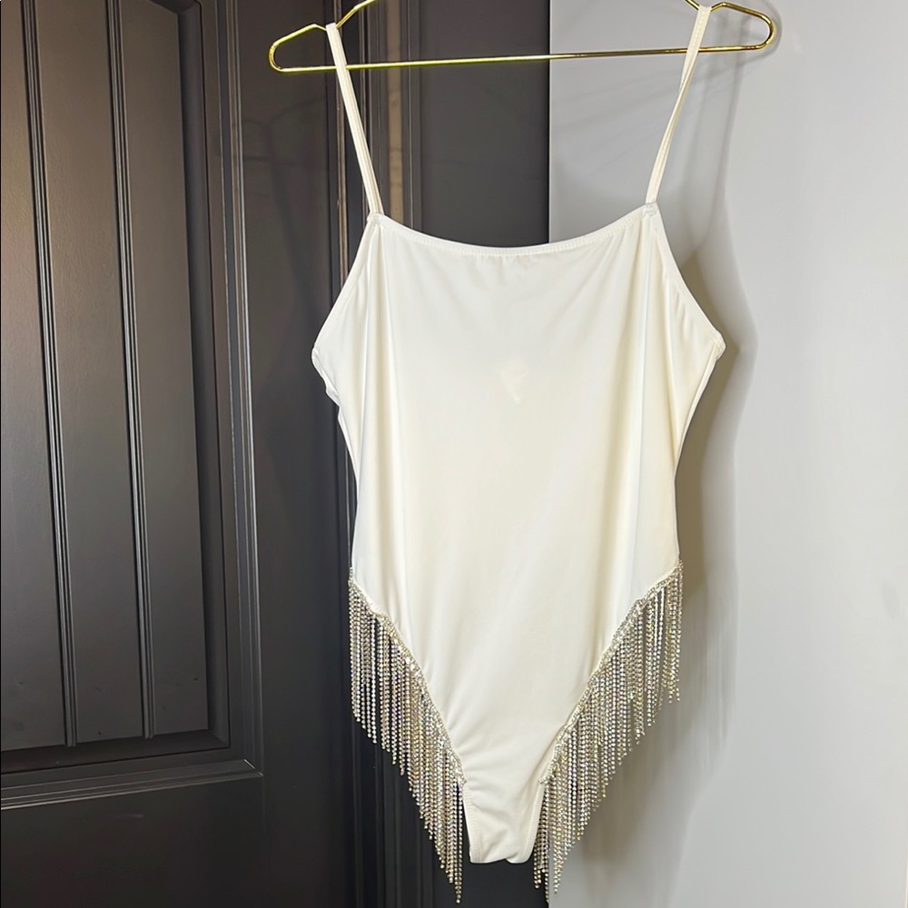 Chic Cream Bodysuit with Fringe Accents